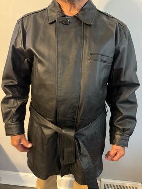 Wilsons Leather Black Men's Leather Trench with Waist Tie